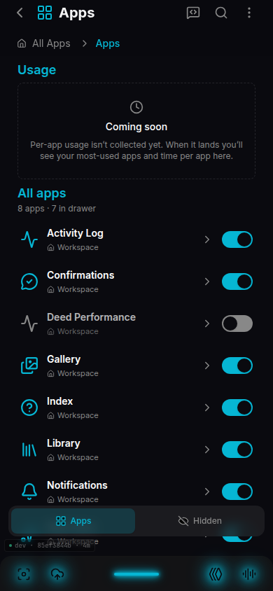 All Apps list in Dark Cyan with app rows and visibility toggles.