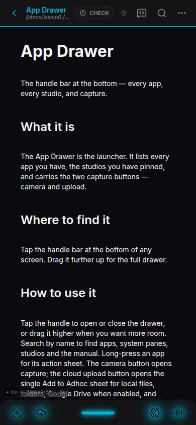 Adhoc App Drawer guide opened in Dark Cyan.