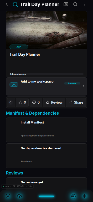 Index detail page for Trail Day Planner with add-to-workspace action and review controls