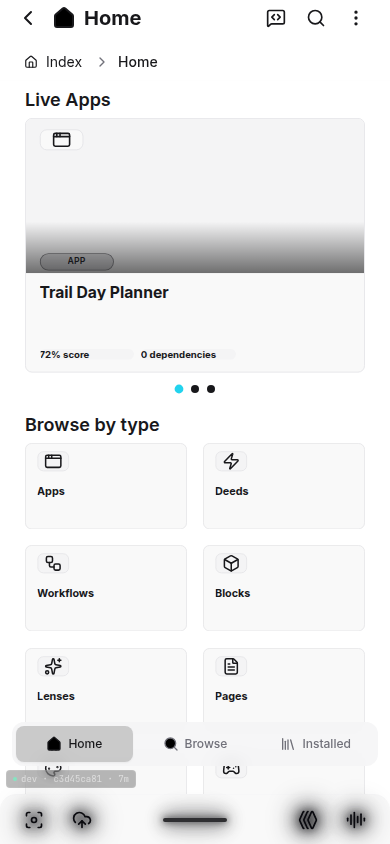 Adhoc Index showing a live app listing and browse categories for apps, deeds, workflows, blocks, lenses, and pages