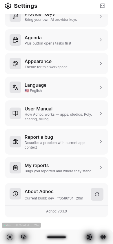 Adhoc Settings showing user manual, report a bug, my reports, and About Adhoc rows